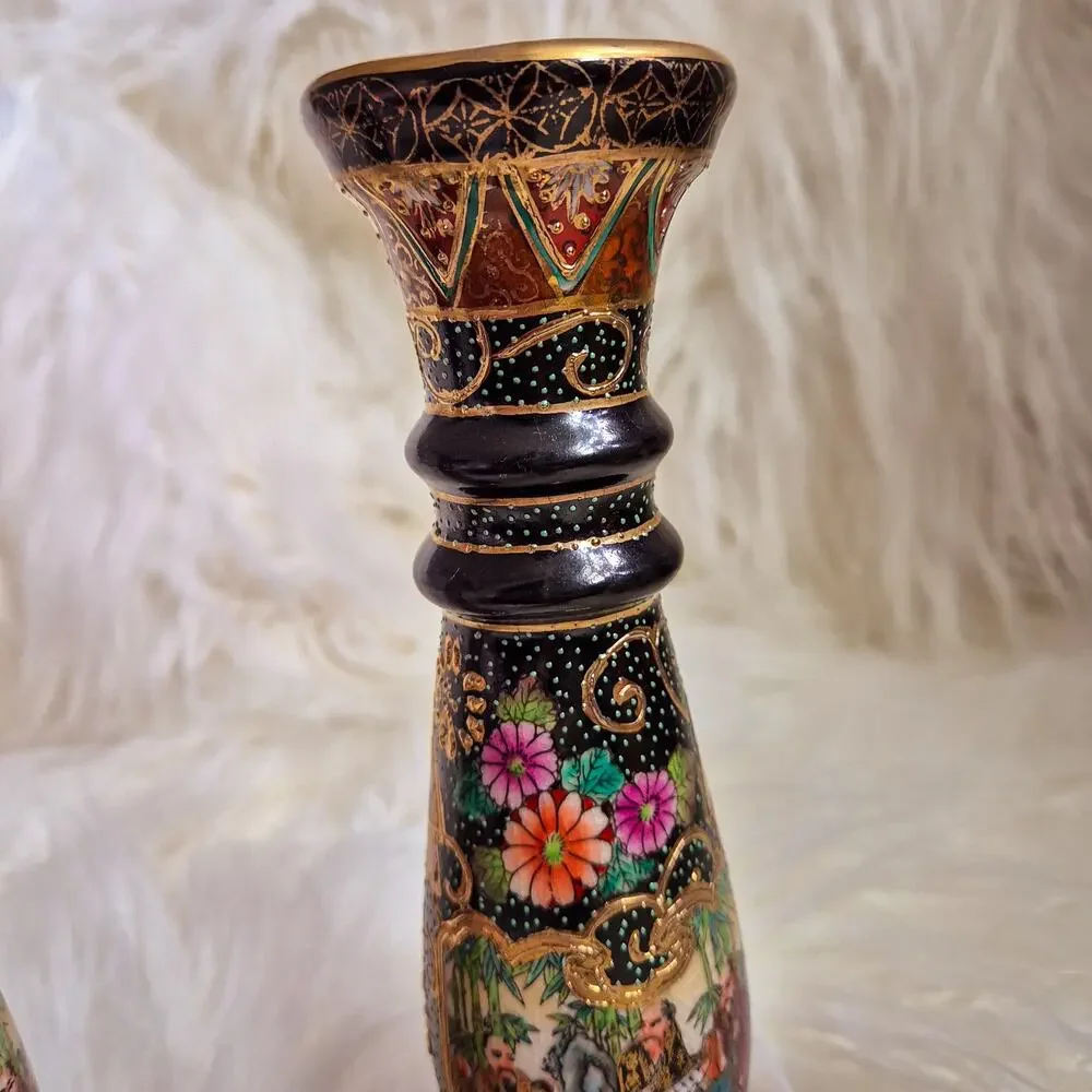 Vintage Handpainted Chinese Scholar Satsuma-style Porcelain Candlesticks